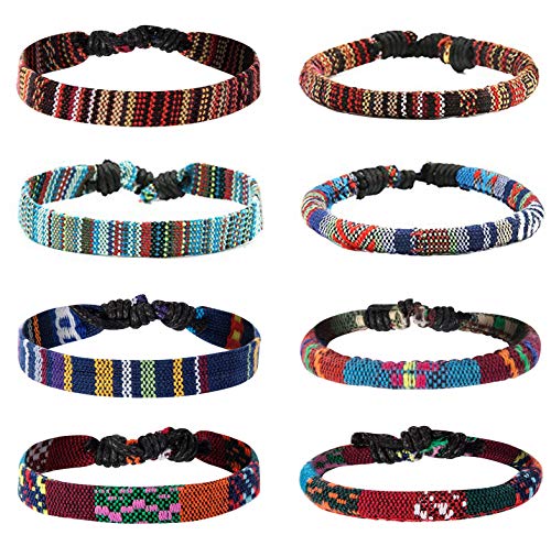 REVOLIA 8Pcs Leather Bracelets for Men Women Hemp Cords Ethnic Tribal Bracelet Beaded Wrap Wristbands