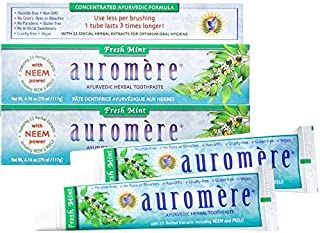 Auromere Ayurvedic Herbal Toothpaste, Fresh Mint - Vegan, Natural, Non GMO, Flouride Free, Gluten Free, with Neem & Peelu (4.16 oz), 2 Pack