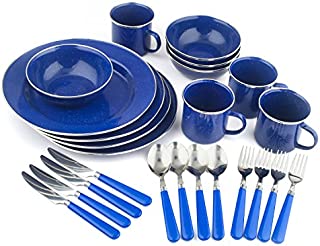 Stansport Enamel Camping Tableware Set, 24-Piece, Blue