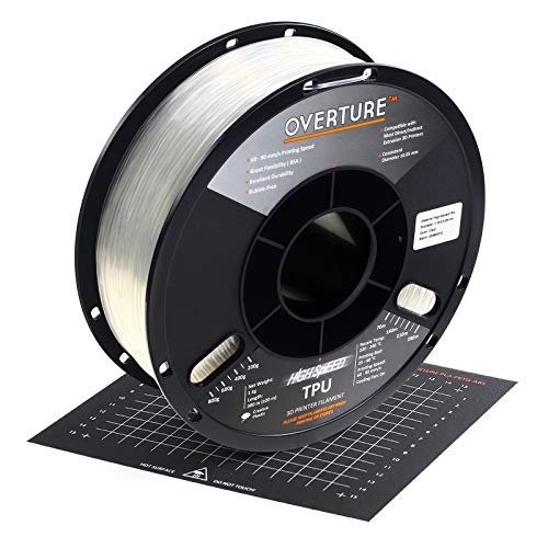 OVERTURE TPU High Speed Filament 1.75mm Flexible TPU Roll with 200 x 200 mm Soft 3D Printer Consumables, 1kg Spool (2.2 lbs.), Dimensional Accuracy +/- 0.05 mm, 1 Pack (Clear)