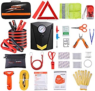 Car Roadside Emergency Kit with Jumper Cables, Auto Vehicle Safety Road Side Assistance Kits, Winter Car Kit for Women and Men, with Portable Air Compressor, First Aid Kit, Tow Rope, etc