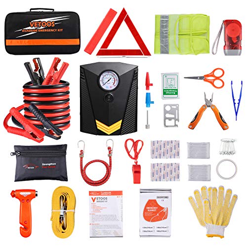 Car Roadside Emergency Kit with Jumper Cables, Auto Vehicle Safety Road Side Assistance Kits, Winter Car Kit for Women and Men, with Portable Air Compressor, First Aid Kit, Tow Rope, etc