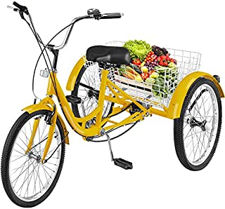 Happybuy Adult Tricycle 1 Speed Size Cruise Bike 20 inch Adjustable Trike with Bell Brake System Cruiser Bicycles Large Size Basket for Recreation Shopping Exercise (Yellow 20 1Speed)