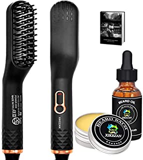 Beard Straightener w/Beard Balm & Beard Growth Oil & Beard Guide E-Book,UPGRADED 3 in 1 Hair Straightener Brush Beard Straightening Comb,Unique Stocking Stuffers Gifts for Men Women Him