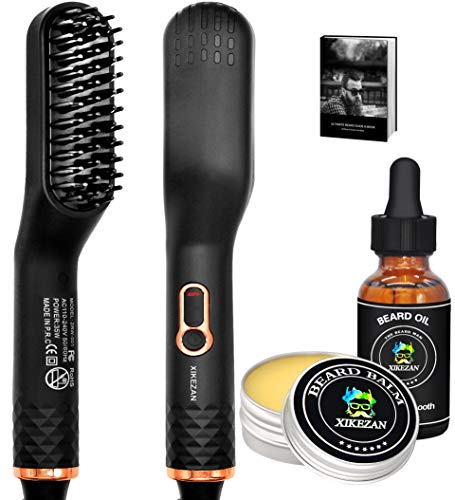 Beard Straightener w/Beard Balm & Beard Growth Oil & Beard Guide E-Book,UPGRADED 3 in 1 Hair Straightener Brush Beard Straightening Comb,Unique Stocking Stuffers Gifts for Men Women Him