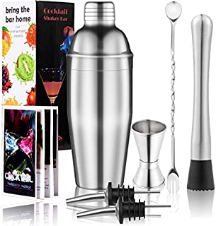 Cocktail Shaker Set Bartender Kit: 25 oz Stainless Steel martini shaker, Mixing Spoon, Muddler, Measuring Jigger, 2 Liquor Pourers and Manual of Recipes, Professional Bar Set