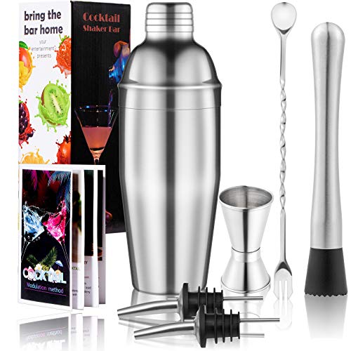 Cocktail Shaker Set Bartender Kit: 25 oz Stainless Steel martini shaker, Mixing Spoon, Muddler, Measuring Jigger, 2 Liquor Pourers and Manual of Recipes, Professional Bar Set