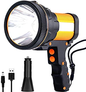 Rechargeable spotlightSuper Bright 7800 Lumens LED Searchlight Handheld,and Flood Camping Flashlight with Foldable Tripod with USB Output Function IPX4 Waterproof (Golden)