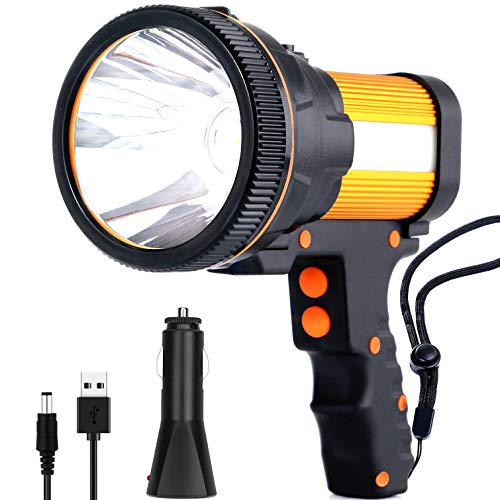 Rechargeable spotlightSuper Bright 7800 Lumens LED Searchlight Handheld,and Flood Camping Flashlight with Foldable Tripod with USB Output Function IPX4 Waterproof (Golden)