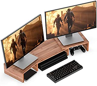 Well Weng Dual Monitor Riser with Adjustable Length and Angle Desktop Stand 3 Shelf Storage Organizer,Bamboo