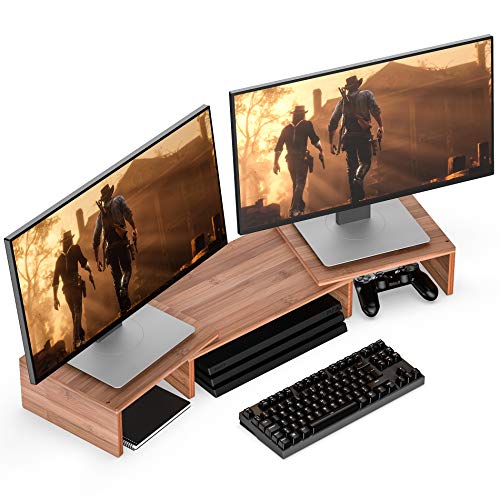 Well Weng Dual Monitor Riser with Adjustable Length and Angle Desktop Stand 3 Shelf Storage Organizer,Bamboo