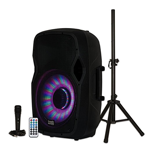 Acoustic Audio by Goldwood Bluetooth LED Light Display Speaker Set - Includes Microphone, Remote Control, and Stand - 15 Inch Portable Sound System, 1000W - AA15LBS, Black, 16 x 14 x 27 Inches