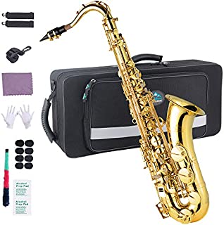 EASTROCK Tenor Saxophone B Flat Gold Laquer Sax Students Beginner With Updated Carrying Case,Reeds,Cleaning Kit,Gloves,Neck Straps,Mouthpieces