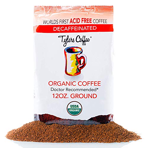 Tylers No Acid Organic Ground Coffee - 100% Arabica Full Flavor Decaf - Neutral pH - No Bitter Aftertaste - Gentle on Digestion, Reduce Acid Reflux - Protect Teeth Enamel - For No Acid Diets - 12 oz