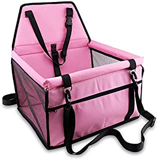 Petbobi Pet Reinforce Car Booster Seat for Dog Cat Portable and Breathable Bag with Seat Belt Dog Carrier Safety Stable for Travel Look Out,with Clip on Leash with PVC Tube (Pink)