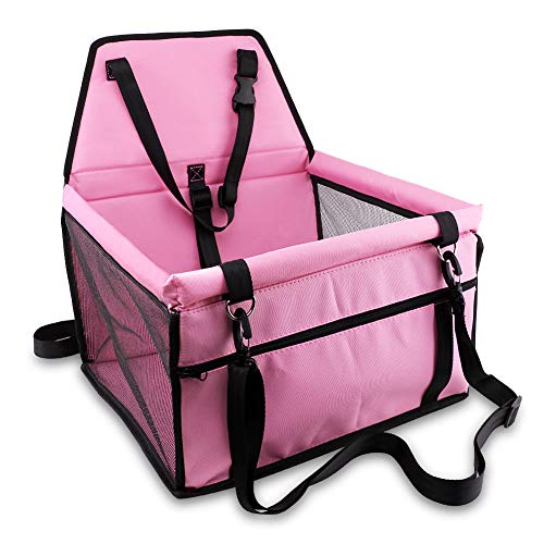 Petbobi Pet Reinforce Car Booster Seat for Dog Cat Portable and Breathable Bag with Seat Belt Dog Carrier Safety Stable for Travel Look Out,with Clip on Leash with PVC Tube (Pink)