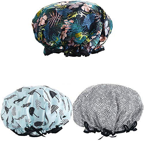 Shower Caps, 3 PACK Bath Cap for Women Waterproof & Adjustable Double Layered Shower Cap (Multi-colored8)