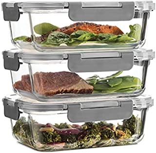 Superior Glass Meal Prep Containers - 3-pack (35oz) Newly Innovated Hinged BPA-free Locking lids - 100% Leak Proof Glass Food Storage Containers, Great on-the-go, Freezer to Oven Safe Lunch Containers