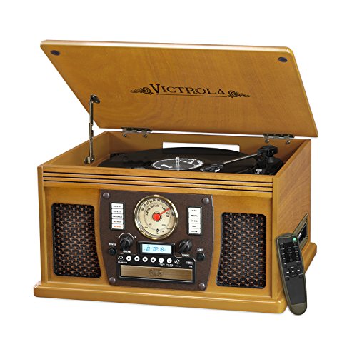 Victrola 8-in-1 Bluetooth Record Player & Multimedia Center, Built-in Stereo Speakers - Turntable, Wireless Music Streaming | Mahogany