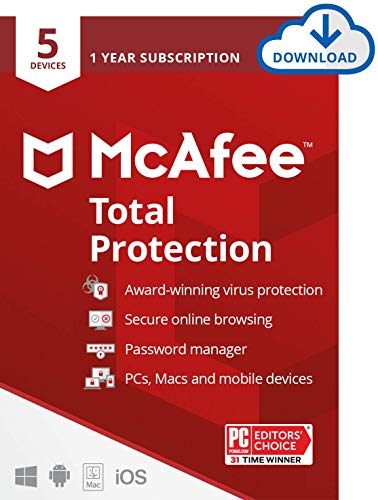 McAfee Antivirus Total Protection 2021, 5 Device, Internet Security Software, Password Manager, Privacy, 1 Year - Download Code