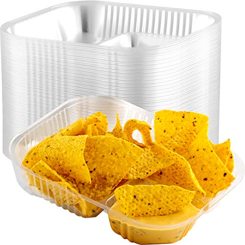 Anti-Spill Plastic Nacho Trays 25 Pack. Disposable 2 Compartment Boats Great for Dips, Snacks and Fair Foods. Large 6x8 Inch Portable Chip Holders for School Carnivals, Parties and Concession Stands