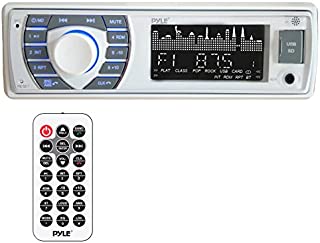 Pyle Bluetooth Marine Receiver Stereo - 12v Single DIN Style Boat In dash Radio Receiver System with Digital LCD, RCA, MP3, USB, SD, AM FM Radio - Remote Control, Wiring Harness - PLRMR23BTW (White)