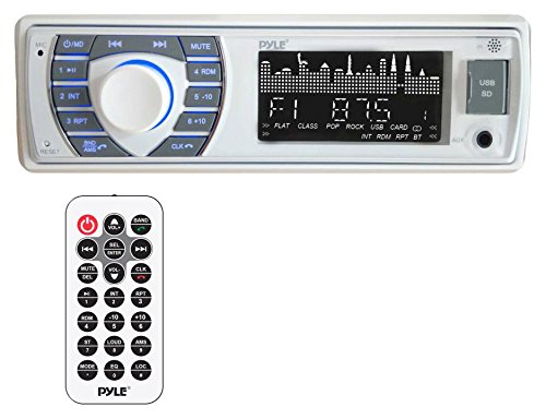 Pyle Bluetooth Marine Receiver Stereo - 12v Single DIN Style Boat In dash Radio Receiver System with Digital LCD, RCA, MP3, USB, SD, AM FM Radio - Remote Control, Wiring Harness - PLRMR23BTW (White)