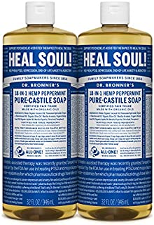 Dr. Bronners - Pure-Castile Liquid Soap (Peppermint, 32 ounce, 2-Pack) - Made with Organic Oils, 18-in-1 Uses: Face, Body, Hair, Laundry, Pets and Dishes, Concentrated, Vegan, Non-GMO