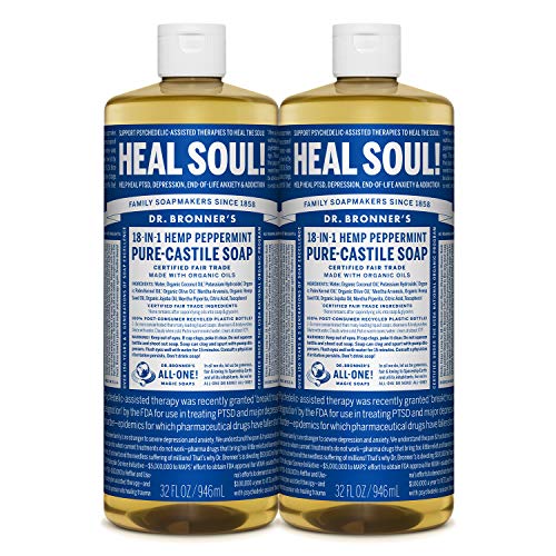 Dr. Bronners - Pure-Castile Liquid Soap (Peppermint, 32 ounce, 2-Pack) - Made with Organic Oils, 18-in-1 Uses: Face, Body, Hair, Laundry, Pets and Dishes, Concentrated, Vegan, Non-GMO