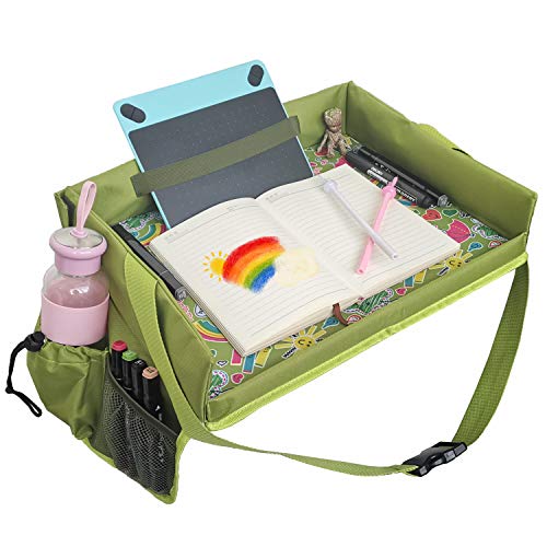 MDSTOP Car Seat Travel Tray Toddler Car Seat Lap Tray Organizer with Cup Holder Bag Perfect Road Trip Activities, Snack, Play & Learn Lap Desk for Car Seats Strollers & Airplane (Green, 17