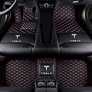 MyGone for Tesla Model S 3 X Y Custom Car Floor Mats Leather Liners All Weather Protection Front Rear Full Set Waterproof Non-Slip (Black with Red)