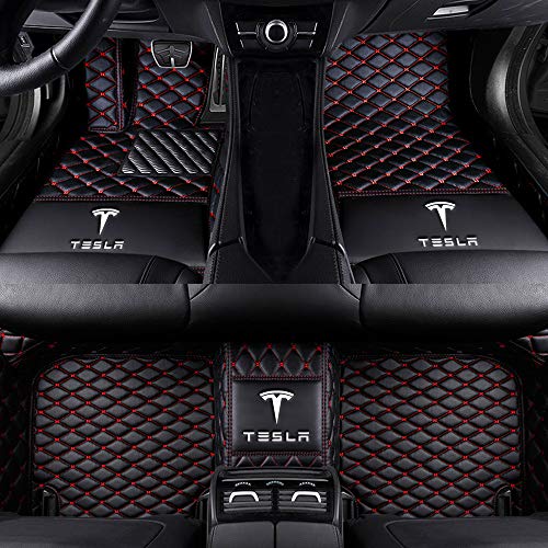 MyGone for Tesla Model S 3 X Y Custom Car Floor Mats Leather Liners All Weather Protection Front Rear Full Set Waterproof Non-Slip (Black with Red)