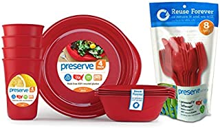 Preserve Reusable BPA Free Everyday Tableware Set with Cutlery Made from Recycled Plastic: 4 Plates, 4 Bowls, 4 Cups and 24 pieces of Cutlery, Pepper Red