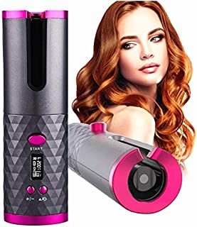 Cordless Automatic Hair Curler Portable Electric Wand Curling Iron with LCD Temperature Display Fast Heating Auto Rotating Ceramic Barrel Hair Curler USB Rechargeable for Travel, Home