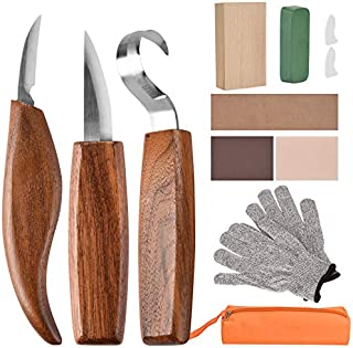 Wood Carving Tools, 11 in 1 Wood Carving Kit with Carving Hook Knife, Wood Whittling Knife, Chip Carving Knife, Gloves, Carving Knife Sharpener for Spoon, Bowl, Kuksa Cup, Beginners Woodworking