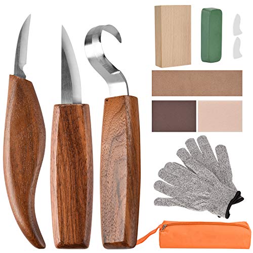 Wood Carving Tools, 11 in 1 Wood Carving Kit with Carving Hook Knife, Wood Whittling Knife, Chip Carving Knife, Gloves, Carving Knife Sharpener for Spoon, Bowl, Kuksa Cup, Beginners Woodworking