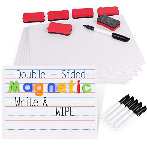 Gamenote Magnetic Small White Board Set - Double Sided Magnet Dry Erase Ruled Lap Boards 9x12 Lined Whiteboard for Kids Student Learning (Pack of 6)