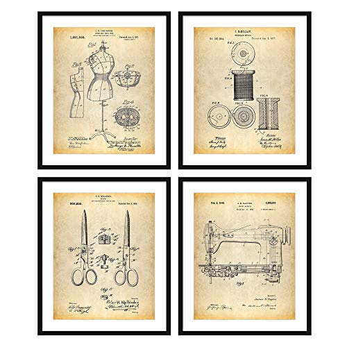 Bestbuddy Pet 8X10 Unframed Dress Form Thread Spool Sewing Shears Sewing Machine Patent Poster Print Set of 4 Invention Decor Fashion Designer N050