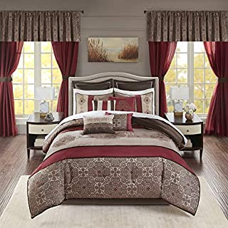 Madison Park Essentials 24-Piece Room In A Bag Comforter Set-Satin Jacquard All Season Luxury Bedding, Sheets, decorative pillows and Curtains, Valance, Queen(90