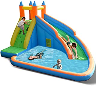 Costzon Inflatable Slide Bouncer, Water Pool with Long Slide, Climbing Wall, Including Oxford Carry Bag, Stakes, Castle Bounce House ( Without Air Blower)