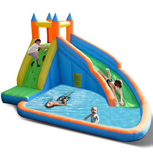 Costzon Inflatable Slide Bouncer, Water Pool with Long Slide, Climbing Wall, Including Oxford Carry Bag, Stakes, Castle Bounce House ( Without Air Blower)