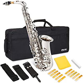 LyxJam Alto Saxophone E Flat Brass Sax Beginners Kit, Mouthpiece, Neck Strap, Cleaning Cloth Rod, Gloves, Hard Carrying Case With Removable Straps, 10 Bonus Reeds -Nickel Plated