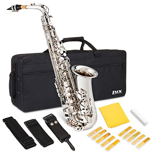 LyxJam Alto Saxophone E Flat Brass Sax Beginners Kit, Mouthpiece, Neck Strap, Cleaning Cloth Rod, Gloves, Hard Carrying Case With Removable Straps, 10 Bonus Reeds -Nickel Plated