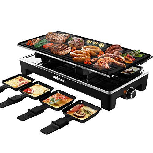 CUSIMAX Raclette Grill Electric Grill Table, Portable 2 in 1 Korean BBQ Grill Indoor & Cheese Ractlette, Reversible Non-stick plate, Crepe Maker with Adjustable temperature control and 8 Paddles