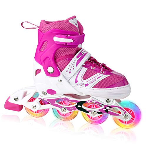 XRZT Children's Inline Skates for Kids, Adjustable Inline Skates with Full Light Up Wheels, Outdoor & Indoor Illuminating Roller Skates for Boys, Girls, Beginners, Small Size, Pink 