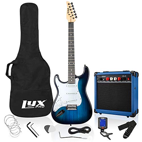 LyxPro Left Hand 39 Inch Electric Guitar and Starter Kit for Lefty Full Size Beginners Guitar, Amp, Six Strings, Two Picks, Shoulder Strap, Digital Clip On Tuner, Guitar Cable and Soft Case - Blue