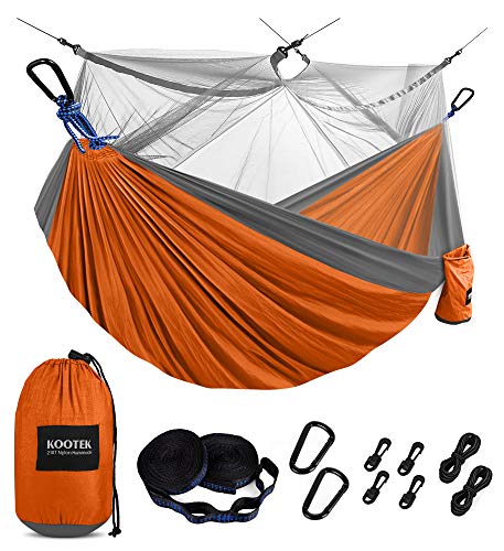 Kootek Camping Hammock with Mosquito Net Double & Single Portable Hammocks Parachute Lightweight Nylon with Tree Straps for Outdoor Adventures Backpacking Trips (Orange & Grey, Large)