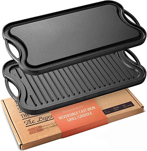 Legend Cast Iron Griddle for Gas Stovetop | 2-in-1 Reversible 20 Cast Iron Grill Pan For Stovetop with Easy Grip Handles | Use On Open Fire & In Oven | Lightly Pre-Seasoned Gets Better with Each Use