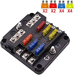 UMISKY 6-Way Fuse Box Blade Fuse Blocks with LED Warning Indicator Damp-Proof Cover for 12V/24V Automotive Car Truck Boat Marine Bus RV Van, 6 Circuit Independent Positive Negative