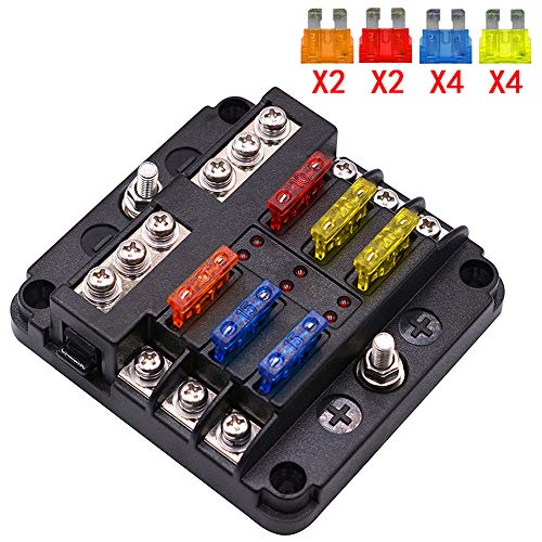 UMISKY 6-Way Fuse Box Blade Fuse Blocks with LED Warning Indicator Damp-Proof Cover for 12V/24V Automotive Car Truck Boat Marine Bus RV Van, 6 Circuit Independent Positive Negative